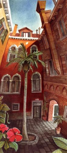 Cartoon: tropicale (medium) by matteo bertelli tagged venice,tropicale,illustration,italien,stadt,city,haus,häuser,architektur,wohnen,garten,hof,kultur,palme,tropisch,warm,vegetation