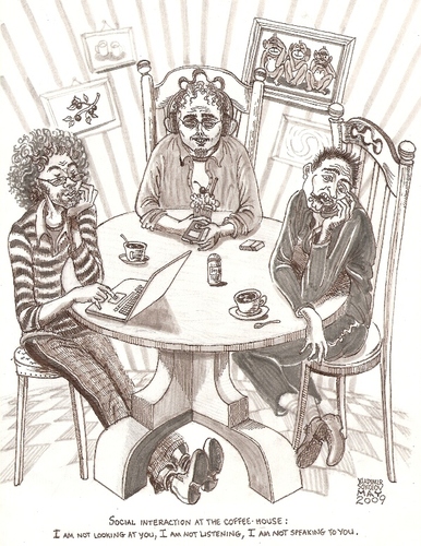 Cartoon: Three Monkeys of the West (medium) by viconart tagged coffee,people,attention,cartoon,viconart,vladimir,sokolov