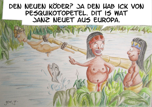 Cartoon: Amazonien (medium) by gore-g tagged amazonas,südamerika,indianer,europäer,piranhas,angeln,fluss