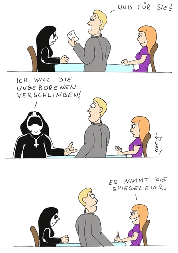 Cartoon: Eggs of Hell (medium) by gore-g tagged metal,blackmetal,restaurant,spiegeleier,eier,ungeborene