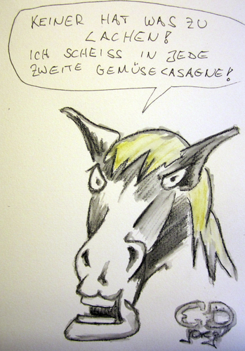 Cartoon: Gemüselasagne (medium) by gore-g tagged pferd,pferdefleisch,lasagne,vegan,mr,ed,scheisse,essen,gemüse