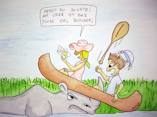 Cartoon: Kanufahrt (medium) by gore-g tagged paddeln,kanu,afrika,nashorn,mann,frau,kommunikation