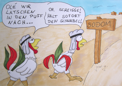 Cartoon: Sodom (medium) by gore-g tagged bibel,wüste,sodom,hahn,huhn,hähne,hühner