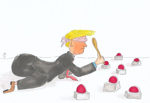 Cartoon: warm...wärmer (medium) by gore-g tagged donald,trump,roter,knopf,blinde,kuh