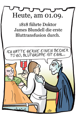 Cartoon: 1. September (medium) by chronicartoons tagged blundell,blut,transfusion,vampir,dracula