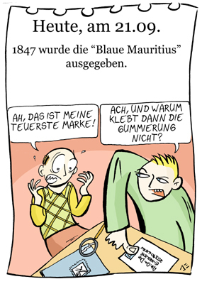 Cartoon: 21. September (medium) by chronicartoons tagged blaue,mauritius,stamps,briefmarke,philatelie,post,cartoon