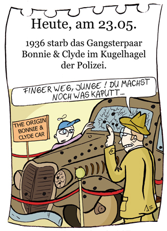 Cartoon: 23. Mai (medium) by chronicartoons tagged bonnie,clyde,gangster,ford,v8,machinegun,cartoon