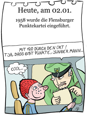 Cartoon: 2. Januar (medium) by chronicartoons tagged sams,flensburger,punktekartei,wunschpunkte,verkehrspolizist,cartoon