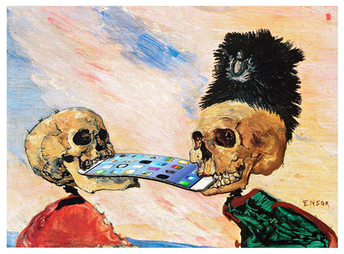 Cartoon: Das neue Iphone (medium) by zenundsenf tagged james,ensor,skeletons,fighting,over,pickled,herring,homage,iphone,mac,apple,cartoon,composing,zenf,zensenf,zenundsenf,andi,walter