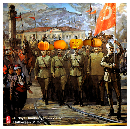 Cartoon: hülloween (medium) by zenundsenf tagged helloween,hülloween,turkey,republic,day,tag,der,türkischen,republik,atatürk,pumpkin,kürbis,zenf,zensenf,zenundsenf,walter,andi