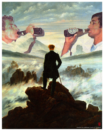 Cartoon: Wanderer im Nebelmeer (medium) by zenundsenf tagged alkoholismus,andi,walter,cartoon,caspar,david,friedrich,composing,romantik,wanderer,im,nebelmeer,zenf,zensenf,zenundsenf