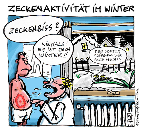 Cartoon: Zecken im Winter (medium) by zenundsenf tagged zecken,ticks,borreliose,winteraktivität,lyme,disease,ignoranz,korruption,zenf,zensenf,zenundsenf,cartoon,bca,clinic