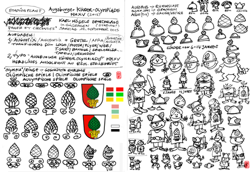 Cartoon: Kinder-Olümpiade-1 (medium) by zenundsenf tagged andi,walter,augsburg,augsburger,kinderolümpiade,2015,augustine,augustix,augustus,cartoon,comic,grafik,guschtl,illustration,maskottchen,olympiade,zenf,zensenf,zenundsenf