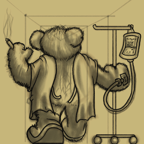 Cartoon: Recovery (medium) by Abe tagged teddy,bear,toy,life,ill,sick,recover,feeling,better,hospital,broken,heart,cigarette,smoke,smoking,open,apron,corridor,hallway,unfinished,kinda,cute