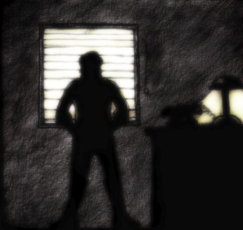 Cartoon: Waiting (medium) by Abe tagged phone,dark,yellow,window,noir,blinds,desk,light,lamp