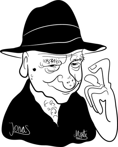 Cartoon: Jonas Mekas (medium) by Martynas Juchnevicius tagged jonas,mekas,cinematography,movies,films,cameraman,16,mm,lithuanian