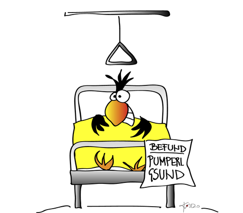 Cartoon: Befund Pumperlgsund (medium) by KADO tagged krähe,crow,animal,bird,kado,kadocartoons,cartoon,comic,humor,spass,illustration,dominika,kalcher,austria,styria,graz,befund,diagnose,findings,gesundheit,health,gesund,healthy,pumperlgsund,krankenhaus,hospital,arzt,doctor