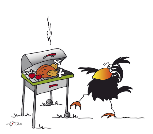 Cartoon: Grillsaison (medium) by KADO tagged draw,zeichnen,art,kunst,styria,graz,steiermark,austria,illustration,cartoon,spass,humor,comic,kalcher,dominika,kadocartoons,kado,vogel,bird,animal,crow,krähe,grillen,barbecue,grillsaison,season