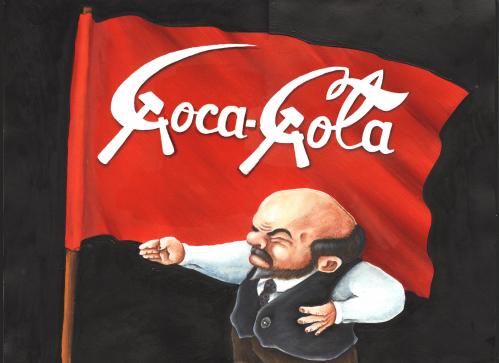 Cartoon: Communict cola (medium) by Revyakin tagged communict,cola,lenin,politics,kommunismus,russland,kapitalismus,coca,cola,produkt,usa,amerika,trinken,marke,brand,lenin,flagge,sichel,hammer,symbol,gemeinsamkeit
