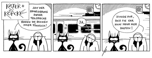 Cartoon: Kater u. Köpcke Privatisierung (medium) by badham tagged lateness,delay,verspätung,pünktlichkeit,punctual,accurate,pünktlich,privatisierung,privatization,haltestelle,station,railway,railroad,train,eisenbahn,db,bahn,deutsche,badham,hammel,köpcke,kater