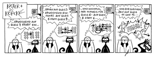 Cartoon: Kater und Köpcke - Gleiswechsel (medium) by badham tagged eisenbahn,schedule,train,rail,change,platform,gleiswechsel,bahn,deutsche,köpcke,badham,hammel