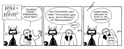 Cartoon: Kater und Köpcke - Nagel (medium) by badham tagged werkzeug,tool,friendliness,freundlichkeit,instructor,yogalehrer,yoga,nail,nagel,hammer,köpcke,badham,hammel,kater