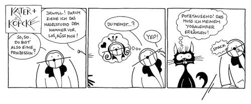 Cartoon: Kater und Köpcke - Nagel IV (medium) by badham tagged freundlichkeit,friendliness,instructor,yoga,werkzeug,tool,nail,studio,princess,kiss,bewitched,frog,nagel,hammer,köpcke,badham,hammel,kater