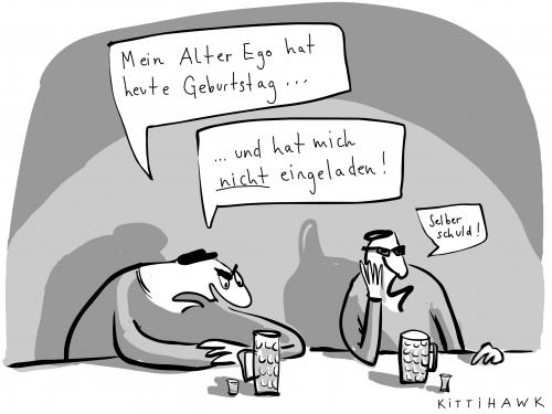 Cartoon: alter ego (medium) by kittihawk tagged geburtstag,depressionen,pessimismus,theke,kneipe,bier,geburtstag,depressionen,pessimismus,theke,kneipe,bar,bier,alkohol,schuld,einladung,alter,ego