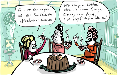 Cartoon: Bundeswehr attraktiver (medium) by kittihawk tagged kittihawk,2014,bundeswehr,attraktiver,von,der,leyen,verteidigungsministerin,arbeitgeber,soldatenberufwenig,geld,paar,kröten,george,clooney,brad,pitt,verpflichten,kaffeeklatsch,damen,kuchen,polit,talk,tisch,kaffeekränzchen,omas,kittihawk,2014,bundeswehr,attraktiver,von,der,leyen,verteidigungsministerin,arbeitgeber,soldatenberufwenig,geld,paar,kröten,george,clooney,brad,pitt,verpflichten,kaffeeklatsch,damen,kuchen,polit,talk,tisch,kaffeekränzchen,omas