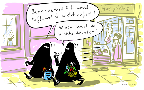 Cartoon: Burkaverbot (medium) by kittihawk tagged kittihawk,2014,burkaverbot,integrationsgipfel,nichts,drunter,muslime,deutschland,einkaufen,anziehen,kittihawk,2014,burkaverbot,integrationsgipfel,nichts,drunter,muslime,deutschland,einkaufen,anziehen