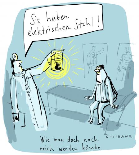 Cartoon: elektrischer stuhl (medium) by kittihawk tagged energiepreise,strom,energie,energiepreise,strom,energie,elektrischer,stuhl,usa,todesstrafe,arzt,kot,stuhlgang,exkrement,kacke,scheiße,mist,probe,untersuchung,reich,rohstoffe,umwelt,rohstoff