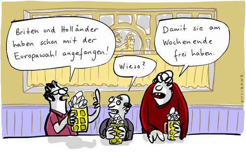 Cartoon: Europawahl (medium) by kittihawk tagged kittihawk,2014,zeitzone,am,wochenende,frei,haben,briten,holländer,europawahl,angefangen,kneipe,stammtisch,wieso,egal,kittihawk,2014,zeitzone,am,wochenende,frei,haben,briten,holländer,europawahl,angefangen,kneipe,stammtisch,wieso,egal