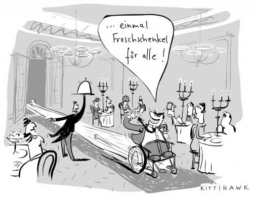 Cartoon: Froschschenkel (medium) by kittihawk tagged froschschenkel,genuß,restaurant,essen,froschschenkel,genuß,restaurant,essen,invalide,beinlos,franzose,gourmet,wohlstand,rollstuhl