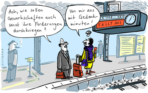 Cartoon: Gedenkminuten (medium) by kittihawk tagged kittihawk,2014,streik,bahn,gdl,db,forderungen,durchkriegen,gedenkminuten,kunden,reisende,bahnsteig,verständnis,wut,kittihawk,2014,streik,bahn,gdl,db,forderungen,durchkriegen,gedenkminuten,kunden,reisende,bahnsteig,verständnis,wut