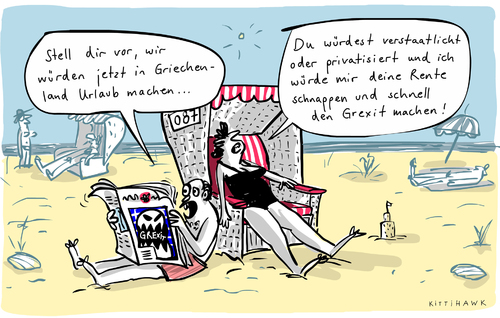 Cartoon: Grexit Urlaub (medium) by kittihawk tagged kittihawk,2015,griechenland,grexit,urlaub,verstaatlicht,privatisiert,rente,schnappen,paar,ehepaar,strand,zeitung,schreckgespenst,nichts,wie,weg,strandkorb,kittihawk,2015,griechenland,grexit,urlaub,verstaatlicht,privatisiert,rente,schnappen,paar,ehepaar,strand,zeitung,schreckgespenst,nichts,wie,weg,strandkorb