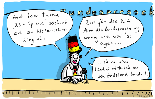 Cartoon: Historischer Sieg (medium) by kittihawk tagged kittihawk,2014,us,spion,enttarnt,verteidigungs,ministerium,bundes,pressekonferenz,sprecher,regierung,endstand,historischer,sieg,usa,wm,weltmeisterschaft,deutschland,spionageaffaire,fußball,kittihawk,2014,us,spion,enttarnt,verteidigungs,ministerium,bundes,pressekonferenz,sprecher,regierung,endstand,historischer,sieg,usa,wm,weltmeisterschaft,deutschland,spionageaffaire,fußball