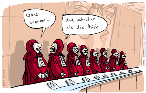 Cartoon: Kopftuchurteil (medium) by kittihawk tagged kittihawk,2015,kopftuch,verbot,gekippt,bundesverfassungsgericht,karlsruhe,religionsfreiheit,beruf,klage,lehrerin,nrw,staatsdienst,richter,hüte,bequem,schicker,urteilsverkündung,kittihawk,2015,kopftuch,verbot,gekippt,bundesverfassungsgericht,karlsruhe,religionsfreiheit,beruf,klage,lehrerin,nrw,staatsdienst,richter,hüte,bequem,schicker,urteilsverkündung