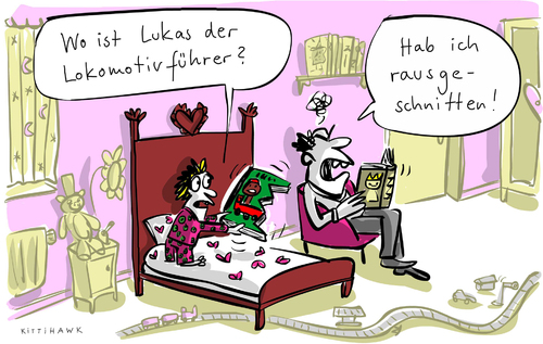 Cartoon: Lokomotivführer (medium) by kittihawk tagged kittihawk,2014,gdl,lokomotivführer,streik,wut,kunden,deutsche,bahn,rausgeschnitten,vater,kind,vorlesen,kinderzimmer,buch,kinderbuch,jim,knopf,lukas,eisenbahn,lok,bimmelbahn,spielzeug,kittihawk,2014,gdl,lokomotivführer,streik,wut,kunden,deutsche,bahn,rausgeschnitten,vater,kind,vorlesen,kinderzimmer,buch,kinderbuch,jim,knopf,lukas,eisenbahn,lok,bimmelbahn,spielzeug