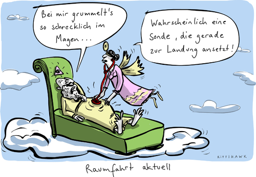 Cartoon: Raumfahrt aktuell (medium) by kittihawk tagged kittihawk,2014,sonde,magen,gott,mission,rosetta,raumsonde,magenschmerzn,abhören,stetoskop,minilabor,philae,kometen,67p,tschur,esa,landung,raumfahrt,weltall,universum,astrophysik,urknall,planeten,ursprung,der,welt,arzt,engel,bett,krank,liegen,schrecklich,grummelts,grummeln,kittihawk,2014,sonde,magen,gott,mission,rosetta,raumsonde,magenschmerzn,abhören,stetoskop,minilabor,philae,kometen,67p,tschur,esa,landung,raumfahrt,weltall,universum,astrophysik,urknall,planeten,ursprung,der,welt,arzt,engel,bett,krank,liegen,schrecklich,grummelts,grummeln