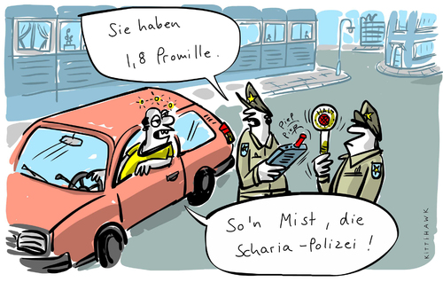 Cartoon: Scharia Polizei (medium) by kittihawk tagged kittihawk,2014,scharia,polizei,wuppertal,kontrolle,straßen,verkehr,auto,alkoholkontrolle,pusten,promille,betrunken,autofahrer,kittihawk,2014,scharia,polizei,wuppertal,kontrolle,straßen,verkehr,auto,alkoholkontrolle,pusten,promille,betrunken,autofahrer