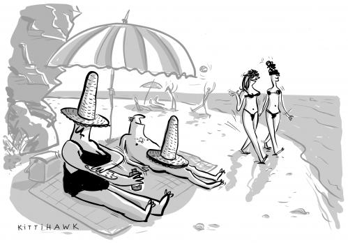 Cartoon: strand (medium) by kittihawk tagged urlaub,strand,bikini,sonnenhut,urlaub,strand,bikini,sombrero,sonnenhut,strohhut,sonne,ehe,meer,ozean,himmel,klar,strahlend,hell,sex,lust,beziehung,flirten,fremdgehen,attraktiv,attraktion,frau,mann,erektion,verstecken,jung,alt,pervers,sonnenschirm,sonnencreme,schutzfaktor