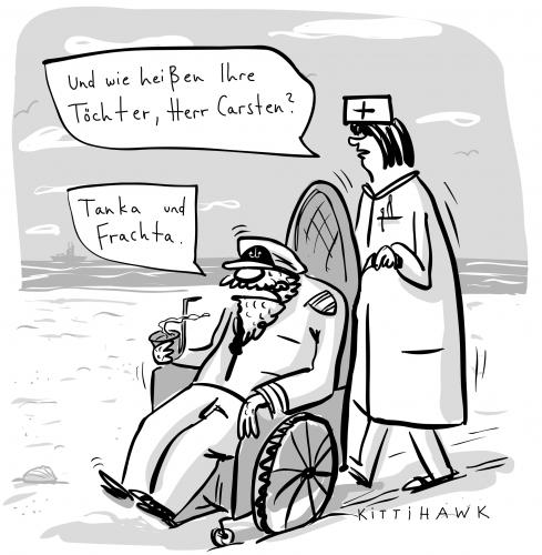 Cartoon: tanka und frachta (medium) by kittihawk tagged tanker,frachter,kapitän,seemann,beruf,verbundenheit,seemannsheim,krankenschwester,rente,pension,familie,töchter,name,namensgebung,strand,meer,wasser,seefahrt