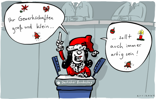 Cartoon: Tarifeinheit (medium) by kittihawk tagged gewerkschaften,2014,kittihawk,groß,klien,sollt,auch,immer,artig,sein,nahles,tarifeinheit,gesetz,eingriff,ins,streikrecht,verfassungsrericht,grundgesetz,harmonie,weihnachten,weihnachtsmann,fest,der,liebe,bundestag,rede,kittihawk,2014