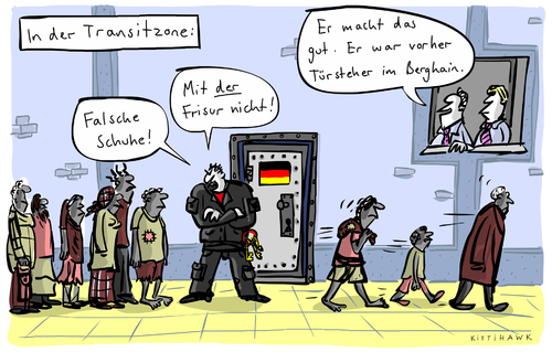 Cartoon: Transitzone (medium) by kittihawk tagged kittihawk,2015,transitzone,falsche,schuhe,frisur,türsteher,berghain,deutschland,reinlassen,auswahl,willkür,draußenbleiben,abweisen,profi,kontrolle,kittihawk,2015,transitzone,falsche,schuhe,frisur,türsteher,berghain,deutschland,reinlassen,auswahl,willkür,draußenbleiben,abweisen,profi,kontrolle