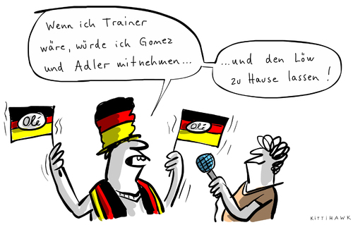 Cartoon: WM-Kader (medium) by kittihawk tagged kittihawk,2014,wm,weltmeisterschaft,brasilien,kader,jogi,joachim,löw,auswahl,bekannt,gegeben,gomez,adler,mitnehmen,zu,hause,lassen,interview,fußball,fan,deutschland,flagge,fahne,national,mannschaft,kittihawk,2014,wm,weltmeisterschaft,brasilien,kader,jogi,joachim,löw,auswahl,bekannt,gegeben,gomez,adler,mitnehmen,zu,hause,lassen,interview,fußball,fan,deutschland,flagge,fahne,national,mannschaft