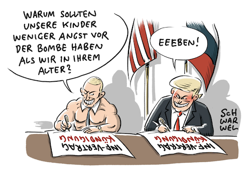 Cartoon: Abrüstungsabkommen USA Russland (medium) by Schwarwel tagged abrüstungsabkommen,abrüstung,usa,us,amerika,america,trump,russland,kreml,moskau,putin,inf,atomare,aufrüstung,atomkrieg,atomwaffe,atomwaffen,ausstieg,weißes,haus,waffen,rakete,raketen,marschflugkörper,wettrüsten,nukleare,sicherheit,atomwaffenarsenal,cartoon,karikatur,schwarwel,abrüstungsabkommen,abrüstung,usa,us,amerika,america,trump,russland,kreml,moskau,putin,inf,atomare,aufrüstung,atomkrieg,atomwaffe,atomwaffen,ausstieg,weißes,haus,waffen,rakete,raketen,marschflugkörper,wettrüsten,nukleare,sicherheit,atomwaffenarsenal,cartoon,karikatur,schwarwel