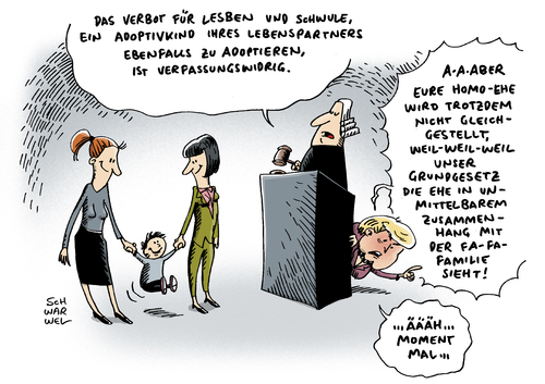 Cartoon: Adoptionsrecht Homosexuelle (medium) by Schwarwel tagged urteil,bundesverfassungsgericht,adoptionsrecht,kinder,familie,homosexuell,schwul,lesbisch,karikatur,schwarwel,partner,lebenspartner,ehe,homoehe,verfassungswidrig,grundgesetz,merkel,politik,adoption,urteil,bundesverfassungsgericht,adoptionsrecht,kinder,familie,homosexuell,schwul,lesbisch,karikatur,schwarwel,partner,lebenspartner,ehe,homoehe,verfassungswidrig,grundgesetz,merkel,politik,adoption