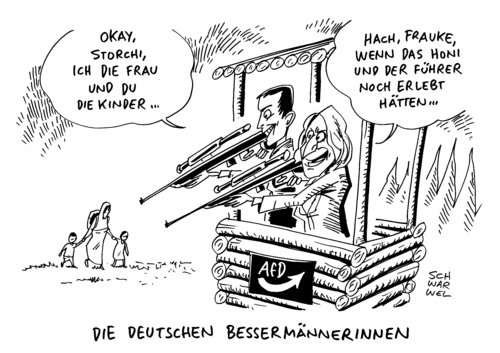 Cartoon: AfD Petry für Schießbefehl (medium) by Schwarwel tagged afd,frauke,petry,schießbefehl,geflüchtete,flüchtlinge,flüchtlingspolitik,flüchtling,asyl,asylsuchende,syrien,waffeneinsatz,waffe,schießen,gewehr,terror,krieg,gewalt,kinder,frauen,familie,familiennachzug,von,storch,honecker,hitler,führer,alternative,für,deutschland,partei,rechts,nazi,karikatur,schwarwel,afd,frauke,petry,schießbefehl,geflüchtete,flüchtlinge,flüchtlingspolitik,flüchtling,asyl,asylsuchende,syrien,waffeneinsatz,waffe,schießen,gewehr,terror,krieg,gewalt,kinder,frauen,familie,familiennachzug,von,storch,honecker,hitler,führer,alternative,für,deutschland,partei,rechts,nazi,karikatur,schwarwel