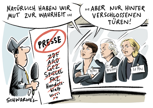 Cartoon: AfD und Journalisten (medium) by Schwarwel tagged afd,alternative,für,deutschland,partei,presse,medien,journalismus,journalisten,kritik,ausschluss,pressefreiheit,frauke,petry,mut,zur,wahrheit,wilders,le,pen,rechts,nazi,nazis,rechtspopulismus,rechtspopulistisch,kongress,marcis,pretzell,fpö,verweigerung,akkreditierung,enf,berichterstattung,karikatur,schwarwel,afd,alternative,für,deutschland,partei,presse,medien,journalismus,journalisten,kritik,ausschluss,pressefreiheit,frauke,petry,mut,zur,wahrheit,wilders,le,pen,rechts,nazi,nazis,rechtspopulismus,rechtspopulistisch,kongress,marcis,pretzell,fpö,verweigerung,akkreditierung,enf,berichterstattung,karikatur,schwarwel