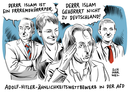 Cartoon: AfD zurrt Anti-Islam-Kurs fest (medium) by Schwarwel tagged afd,alternative,für,deutschland,antiislam,antiislamistisch,extrem,terror,krieg,hass,wut,gewalt,partei,rechts,nazi,rechtsextrem,minarette,muezzins,karikatur,schwarwel,hitler,führer,adolf,islam,frauke,petry,storch,afd,alternative,für,deutschland,antiislam,antiislamistisch,extrem,terror,krieg,hass,wut,gewalt,partei,rechts,nazi,rechtsextrem,minarette,muezzins,karikatur,schwarwel,hitler,führer,adolf,islam,frauke,petry,storch